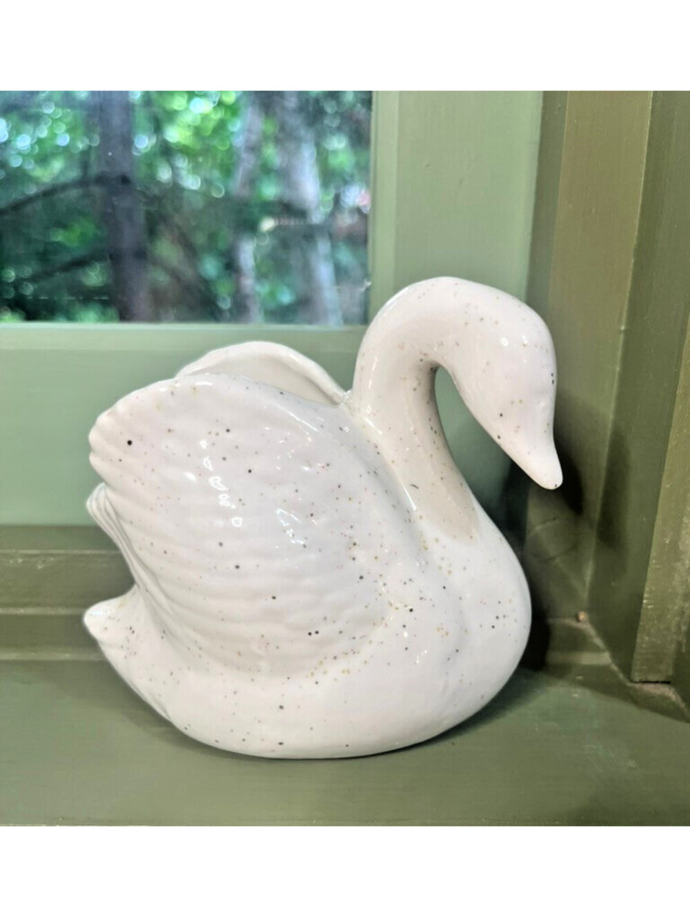 Vintage MCM White Speckled Ceramic Swan Trinket Dish Mini Succulent Planter
